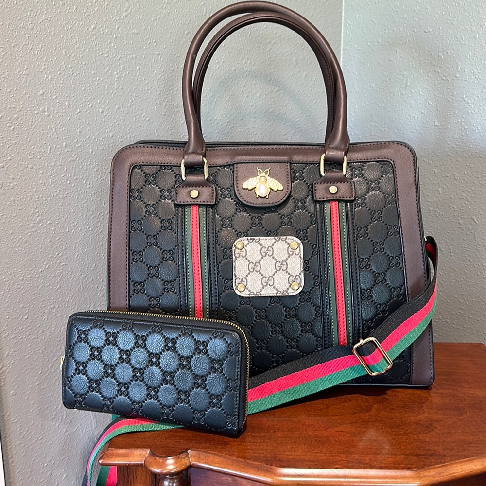 NWOT Bee Faux Leather Black Brown Tote Shoulder Crossbody Bag  & Wristlet Set